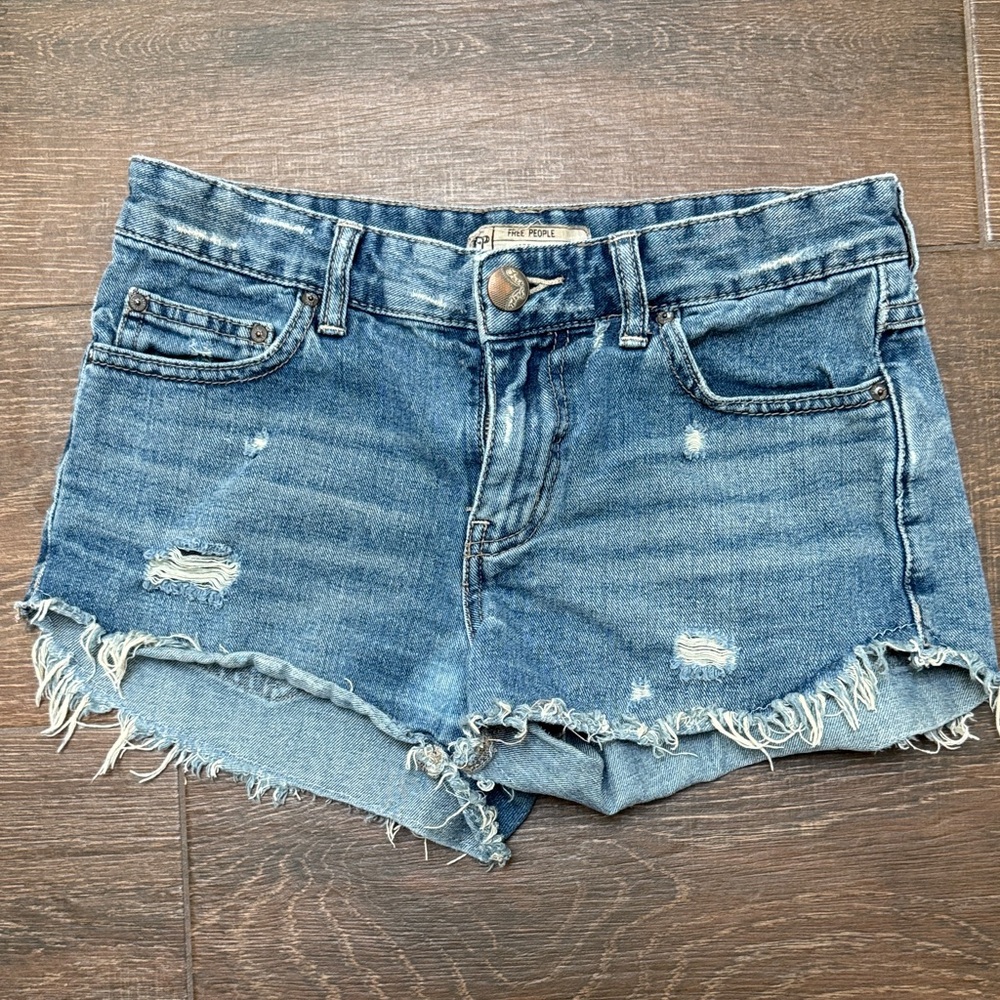 Free People Blue Distressed Jean Shorts
